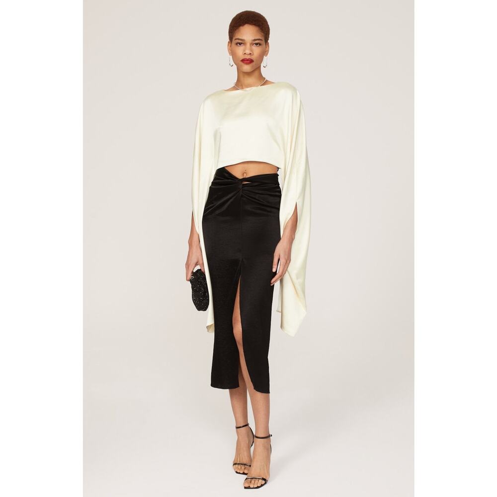 Atlein Cream Dramatic Long Sleeve Satin Cropped Round Neck Top Size Medium